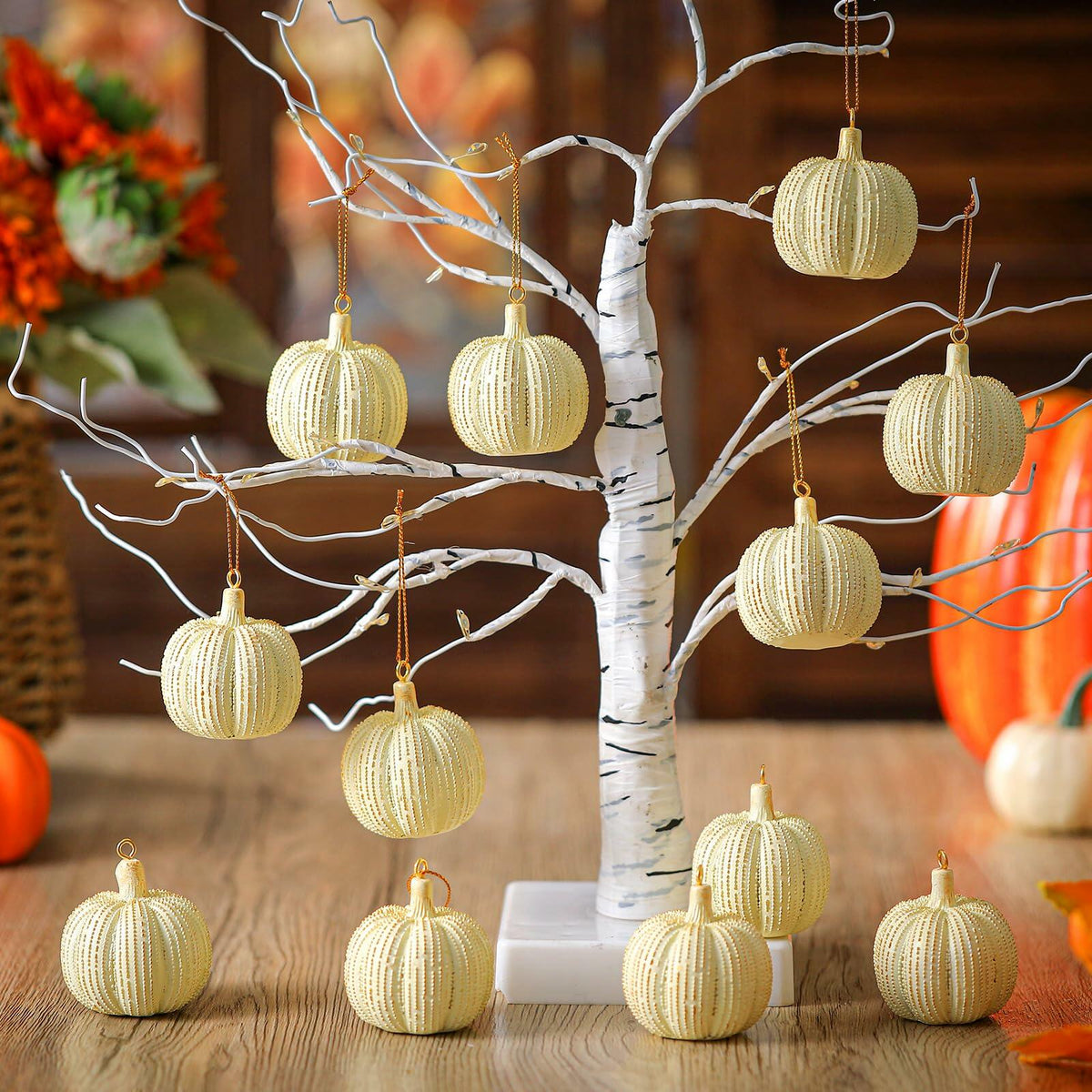 Hiboom 12 Pcs Resin Pumpkin Ornaments Rustic White Gold Fall Decor