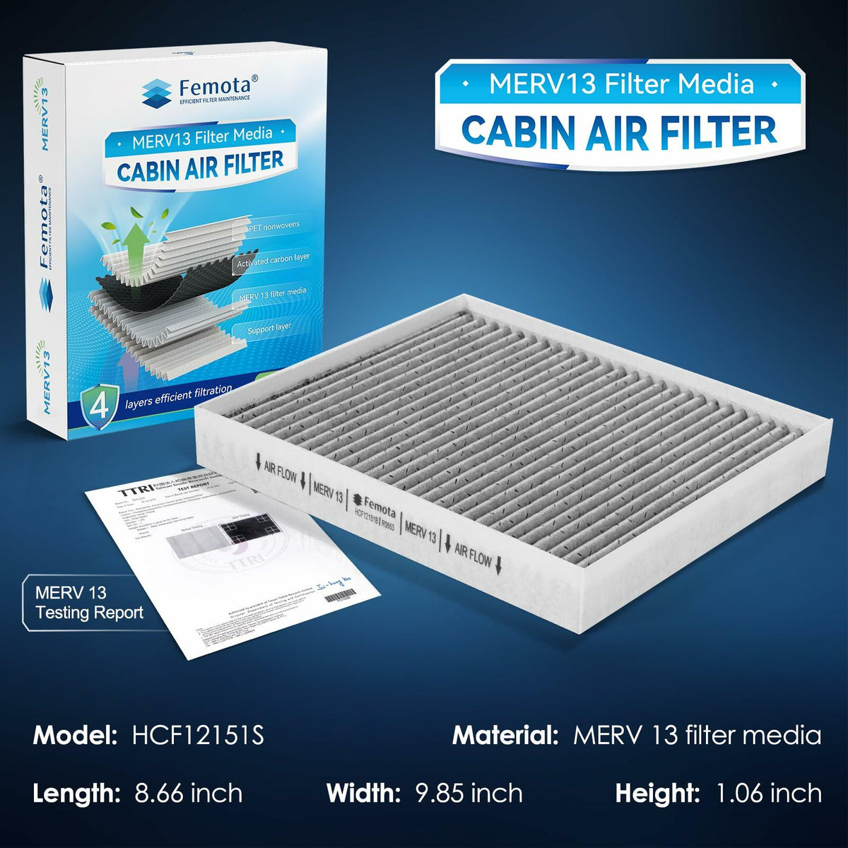 Femota MERV 13 Cabin Air Filter Activated Carbon CF12151 Hyundai Sonata 2015-19