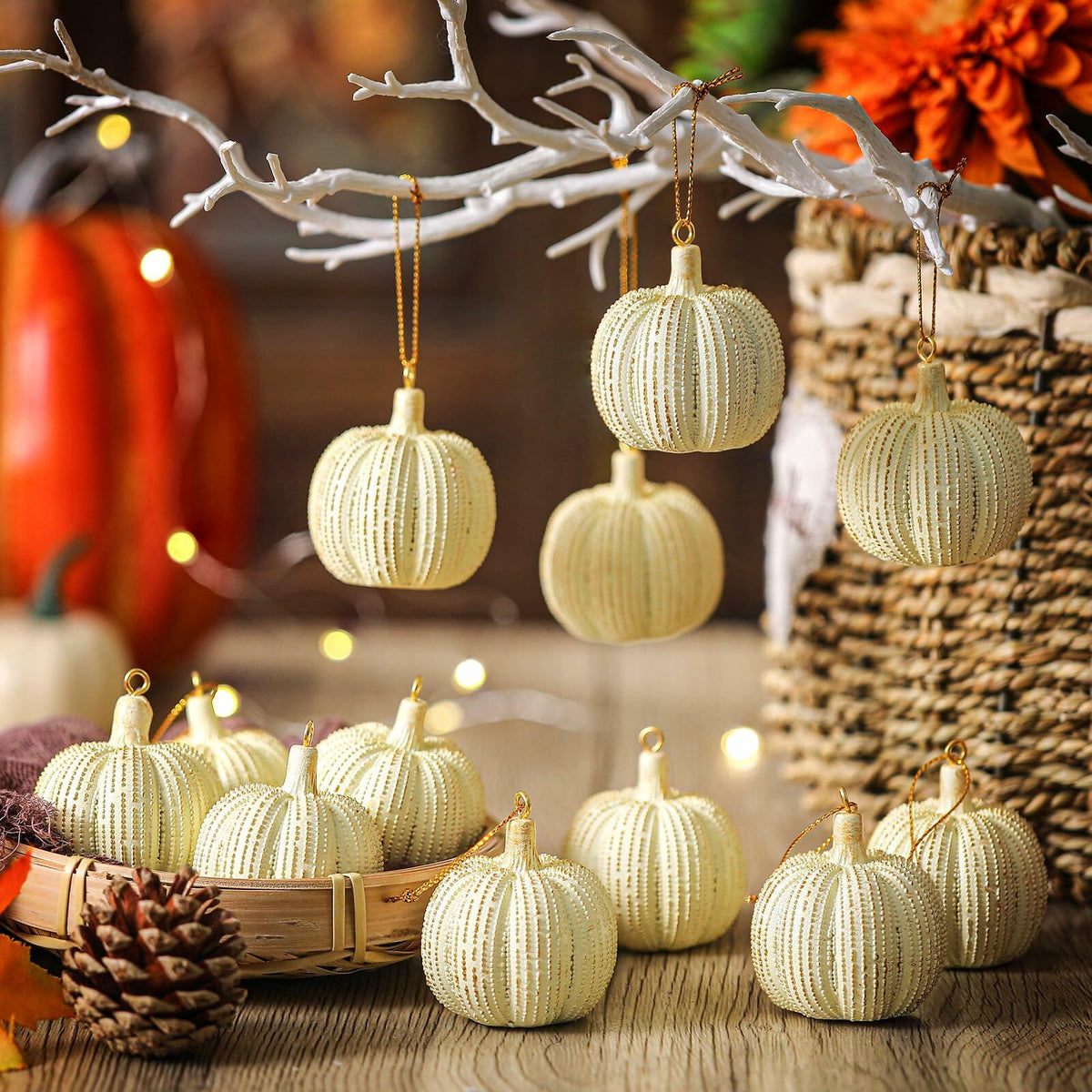 Hiboom 12 Pcs Resin Pumpkin Ornaments Rustic White Gold Fall Decor