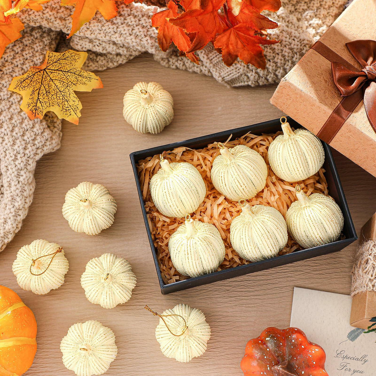 Hiboom 12 Pcs Resin Pumpkin Ornaments Rustic White Gold Fall Decor