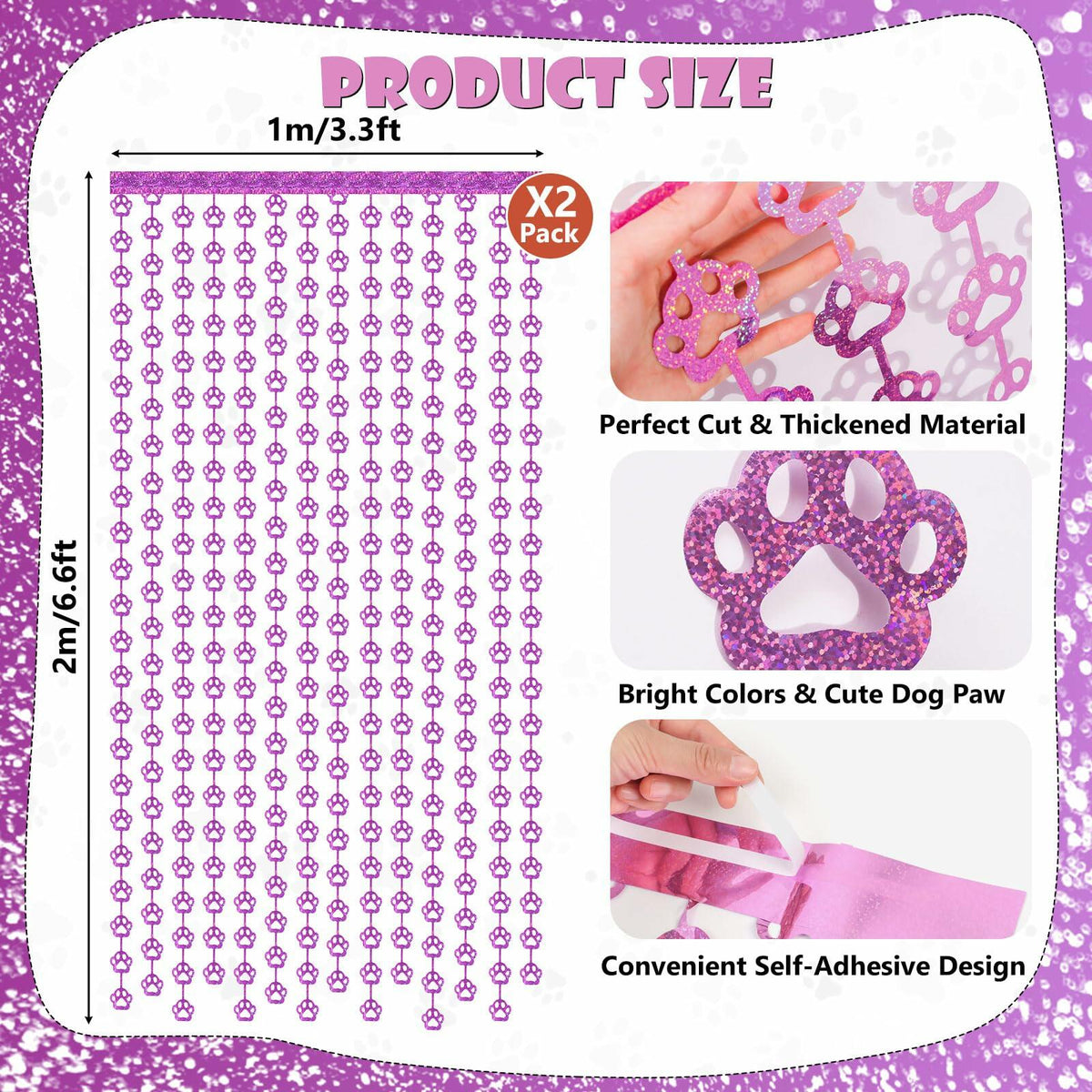 RANERVZ Pink Dog Paw Birthday Decorations Foil Curtain 3.3x6.6ft