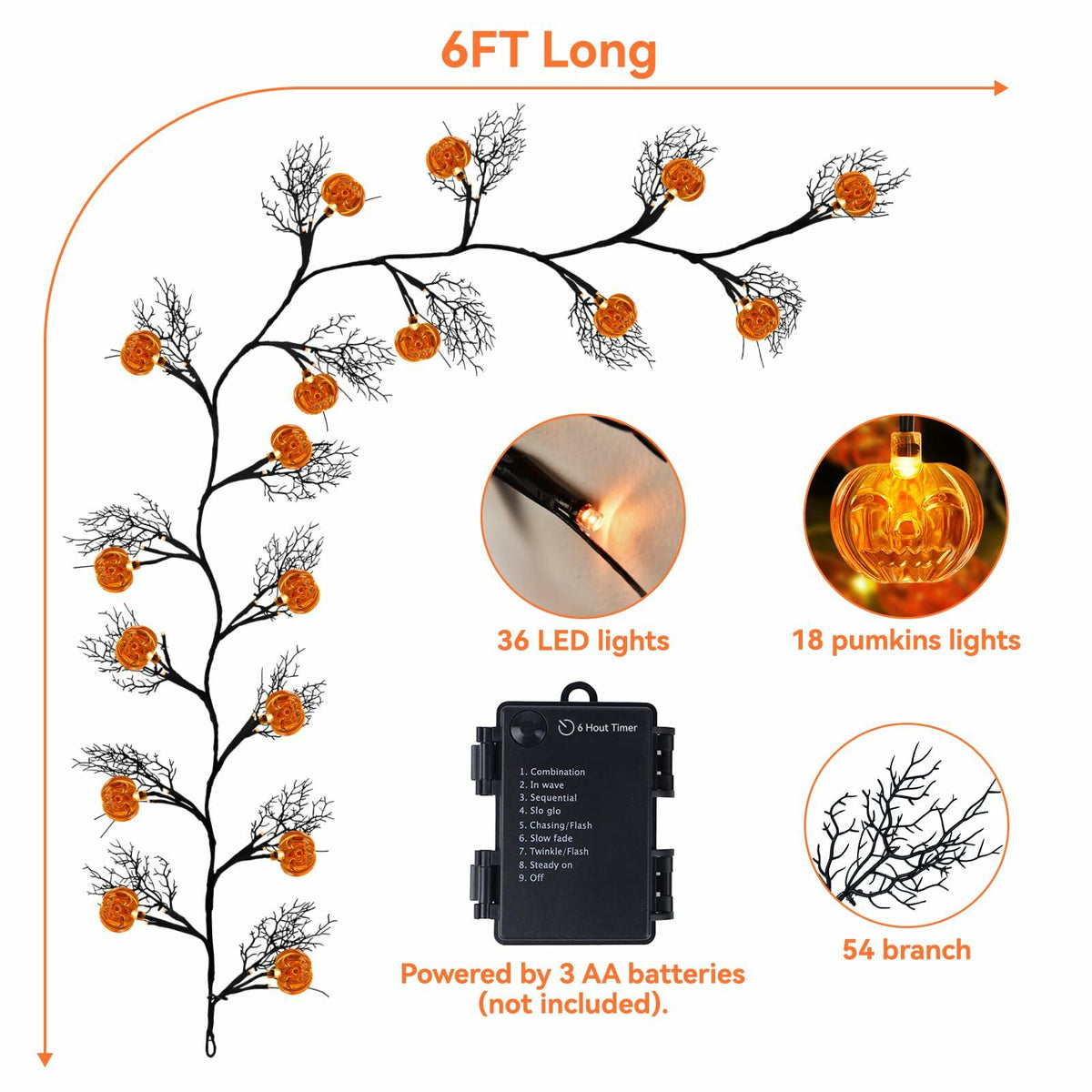 Slixune 6FT Halloween Willow Vine Twig Garland 45 LED Orange Lights