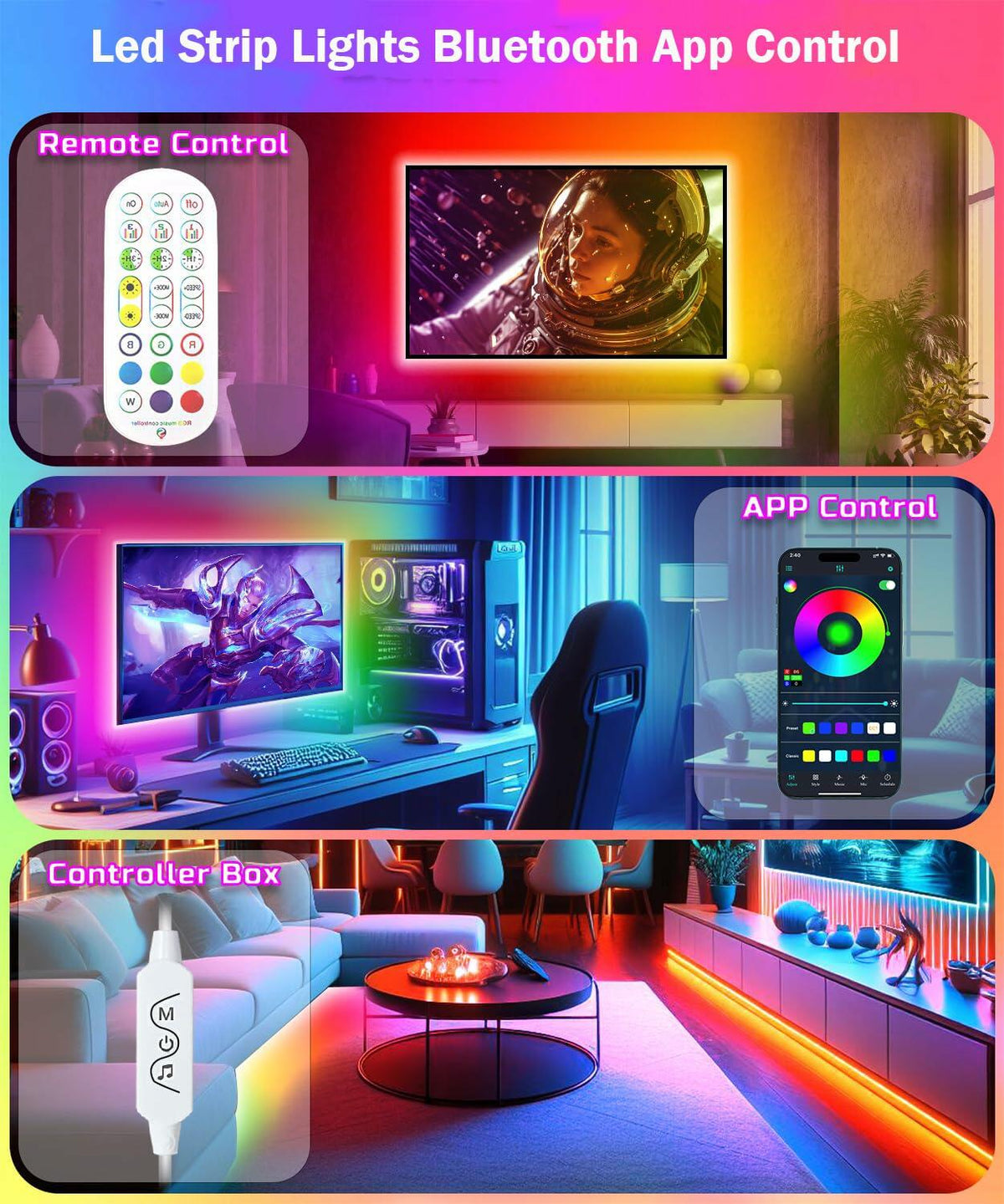 DTQJ 33FT IC-RGB LED Strip Lights Bluetooth Remote USB RGB Multi-Color