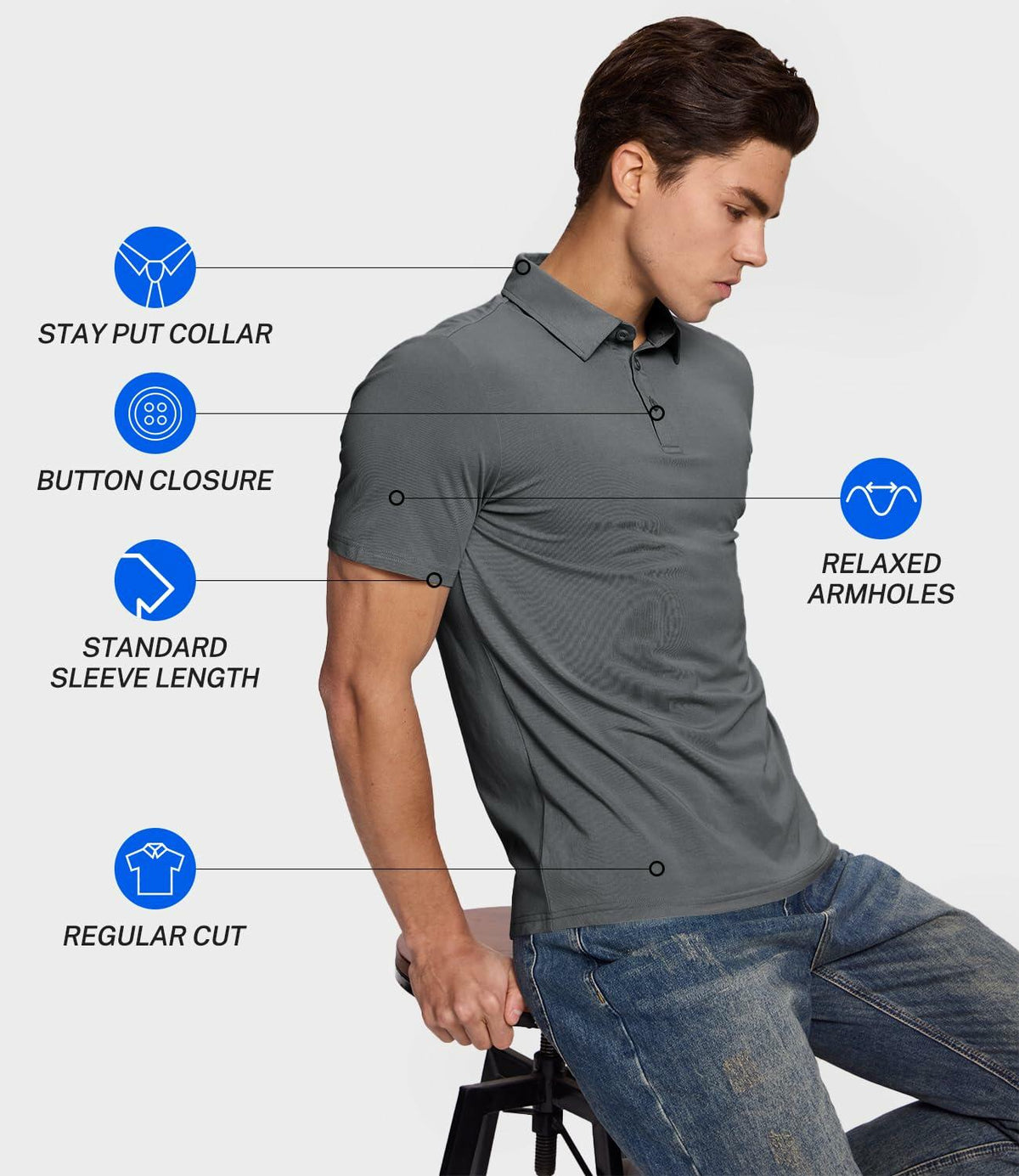 BAMBOO COOL Men's Slim Fit Moisture Wicking Polo Shirt Grey Size L