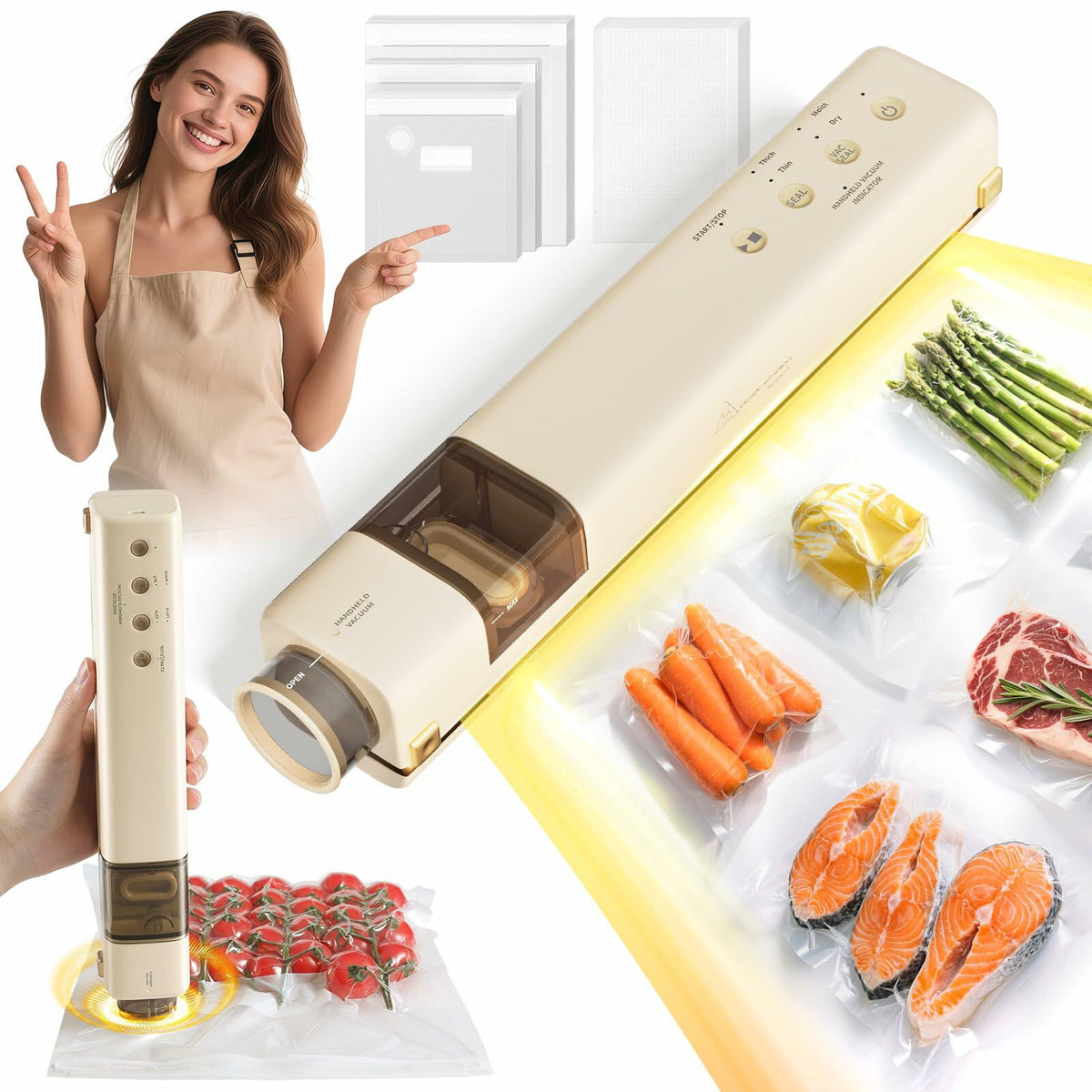 EUUZ 2-in-1 Vacuum Sealer with 40 Bags, Automatic, Beige, Handheld & Countertop