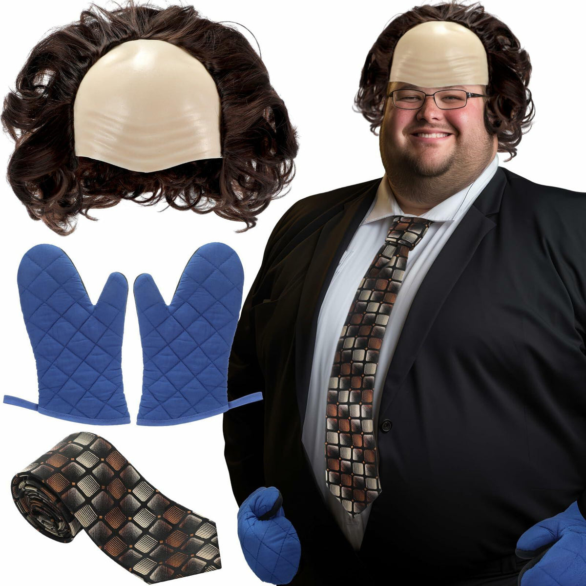 Yearntown Halloween Bald Man Costume Set Brown Wig Bald Cap Gloves One Size