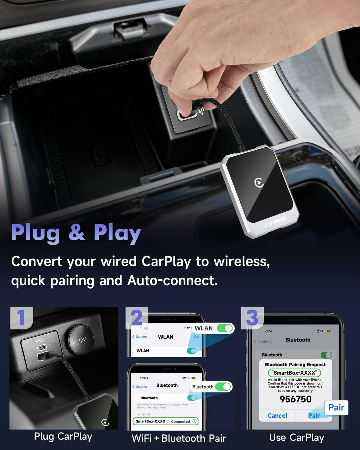 Aurwenk Wireless CarPlay Adapter for iPhone Mini Dongle Silver Plug & Play