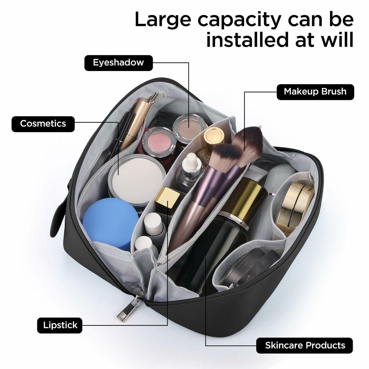 GAGAKU Large Travel Makeup Bag Waterproof Cosmetic Organizer Black