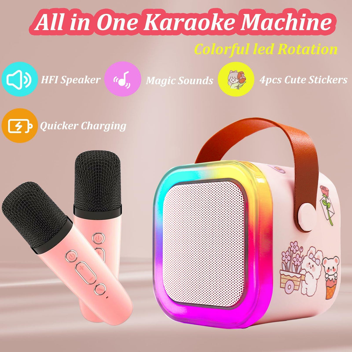 [Like New] KBG Mini Karaoke Machine Kids Bluetooth Speaker 2 Wireless Mics Black