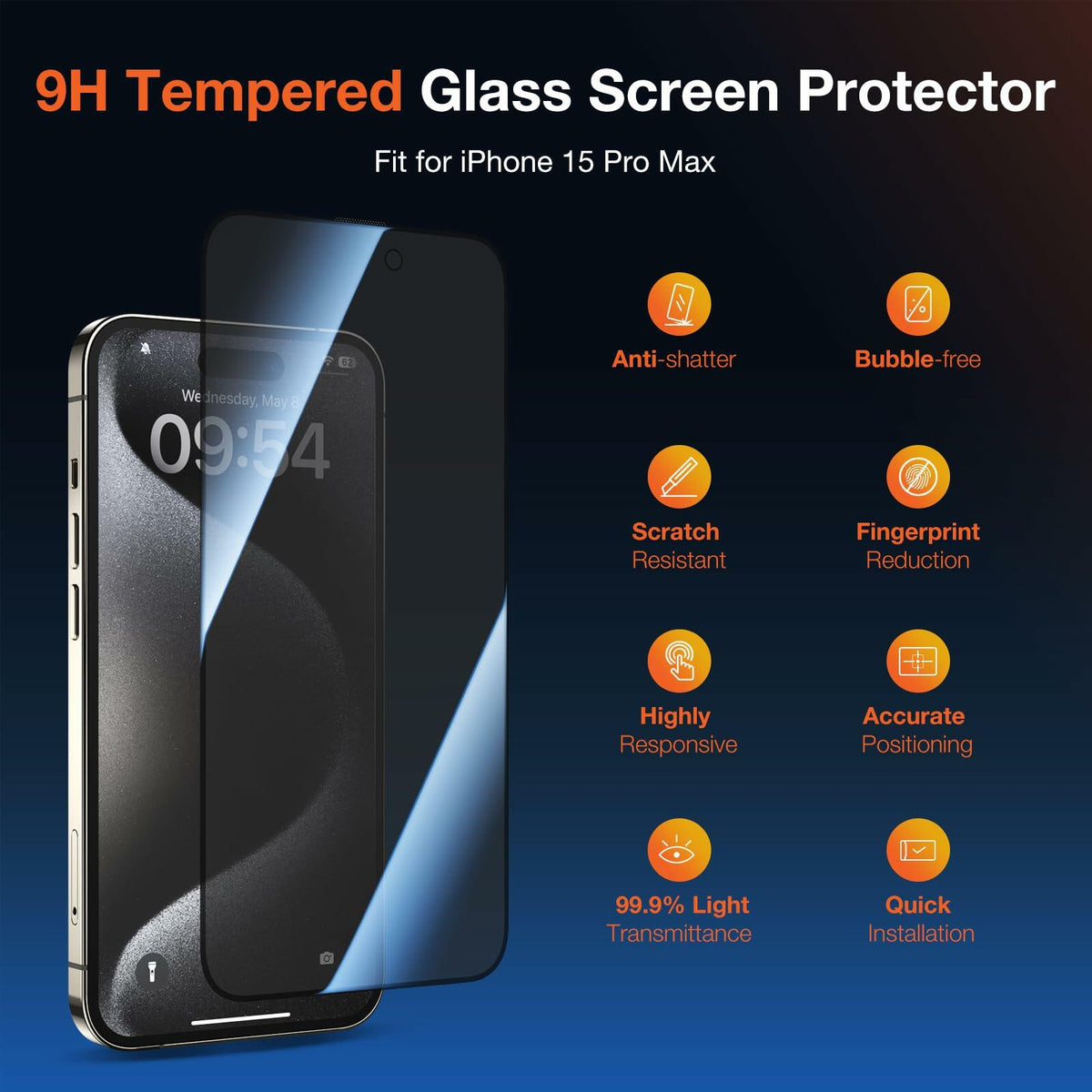 KUZOOM Privacy Screen Protector iPhone 15 Pro Max 6.7" 2 Pack Black
