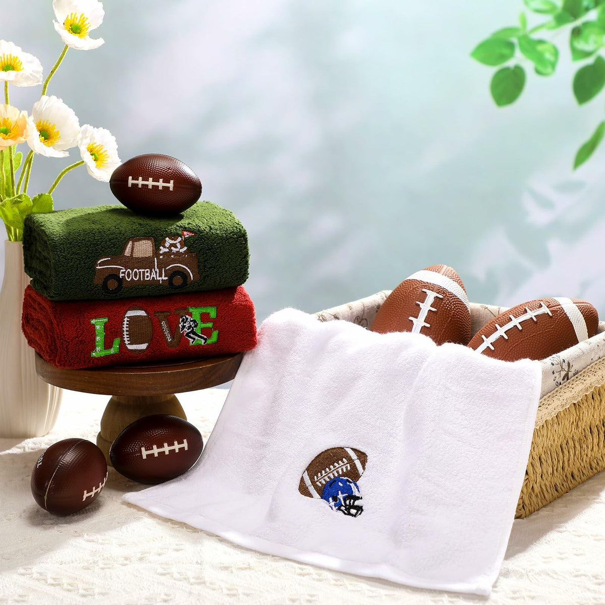 Fanfanwin 3 Pc Cotton Football Hand Towels 14x29 Rust Dark Green White