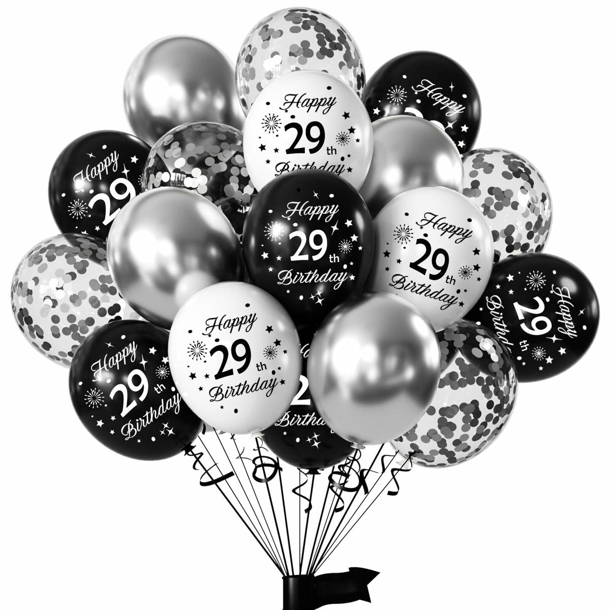 29th Birthday Balloons Set 16pcs Black Silver Latex Confetti Party Decor
