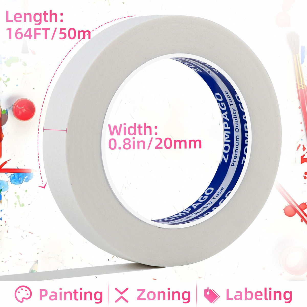 ZOMPAGO Beige Art Tape 0.8in x 164ft Removable Low-Tack Masking Tape