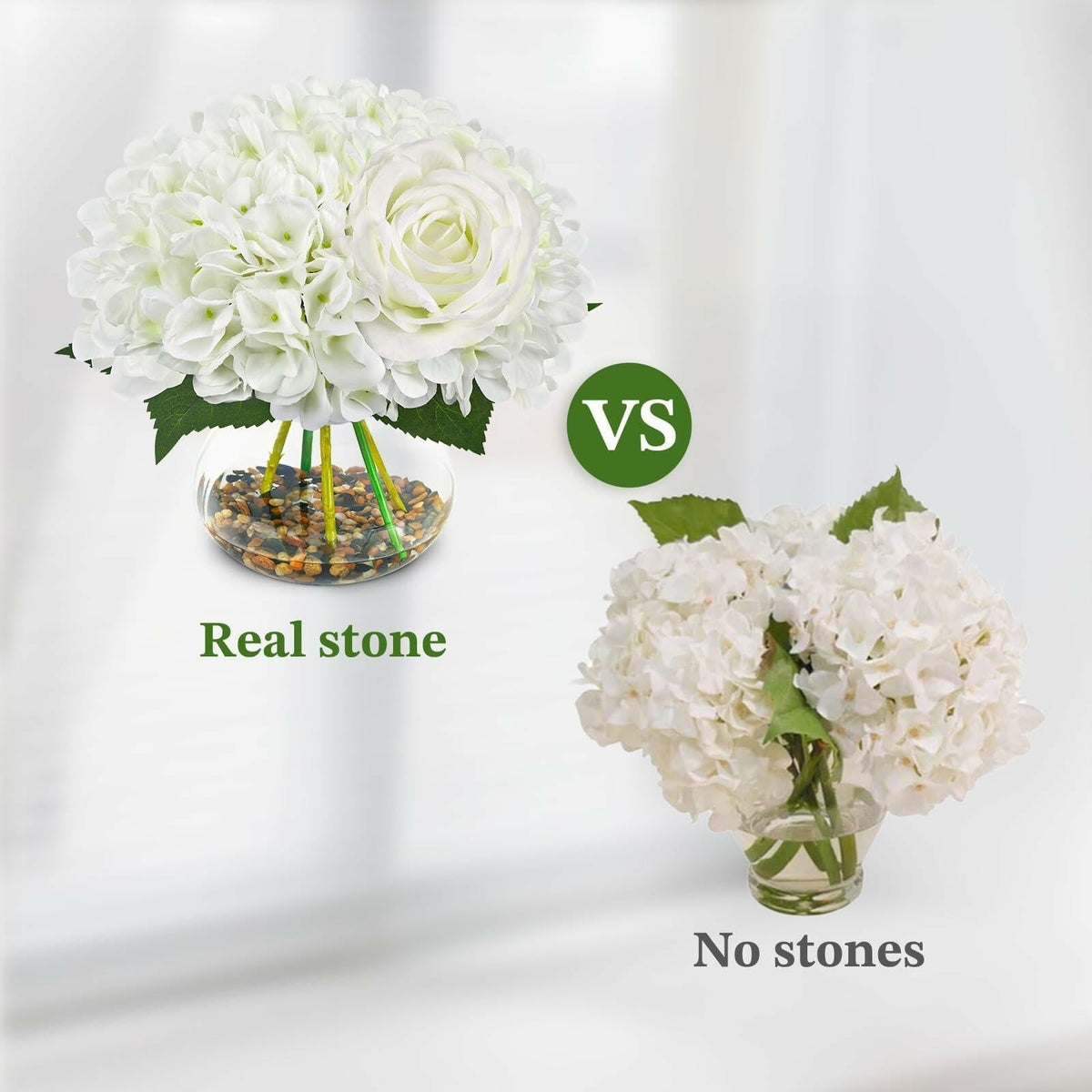 N&T NIETING Artificial White Hydrangea Flowers with Vase & Real Stone Decor