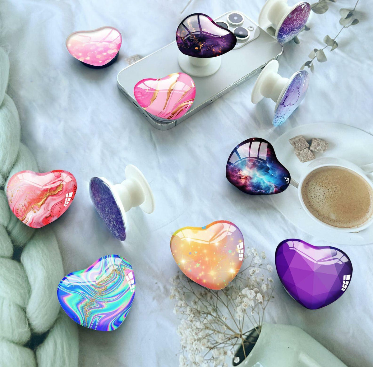 Luhoit Expanding Cell Phone Grip Heart Shape Pink Gold Marble Glass