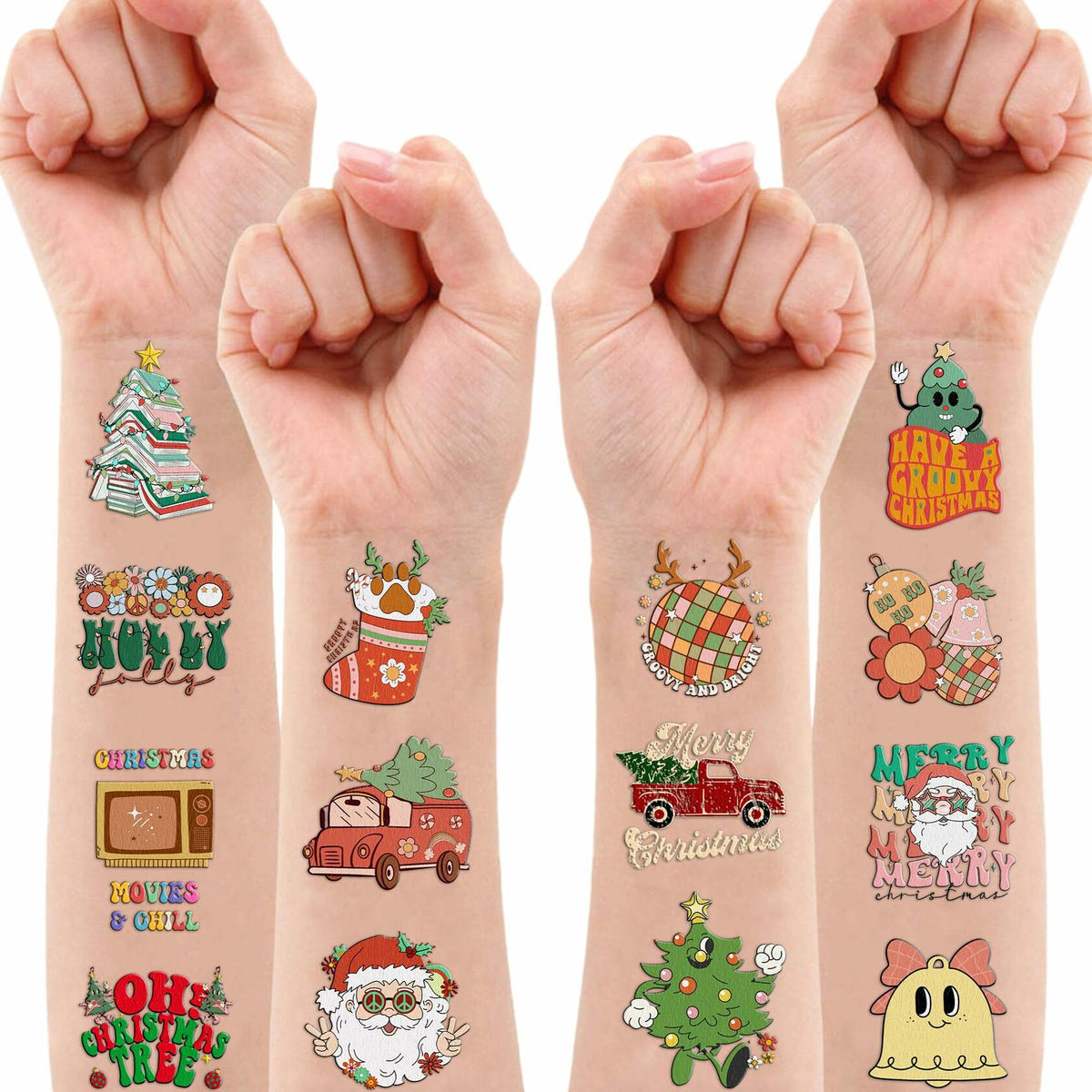 MeoIsDaBest 100 PCS Groovy Christmas Temporary Tattoos Retro Boho Multicolor