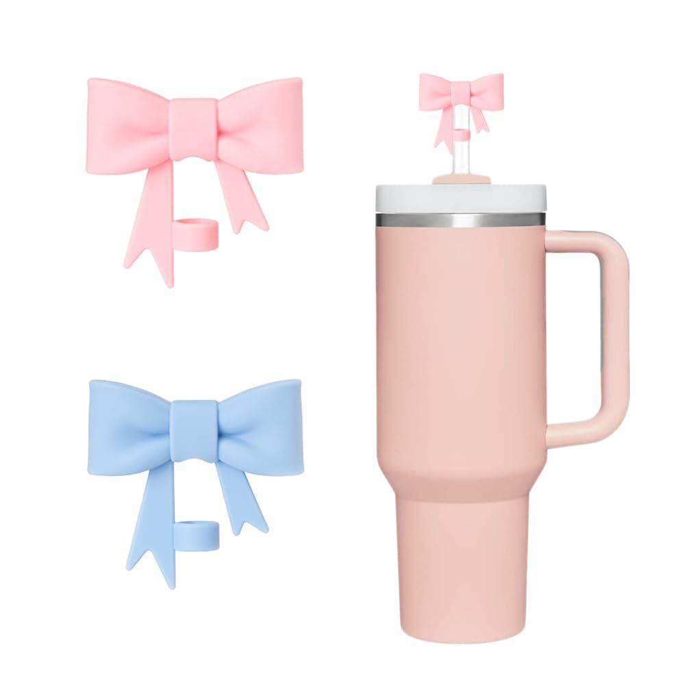AXMCCH 10mm Bow Shape Silicone Straw Topper for Stanley Cup Pink Blue