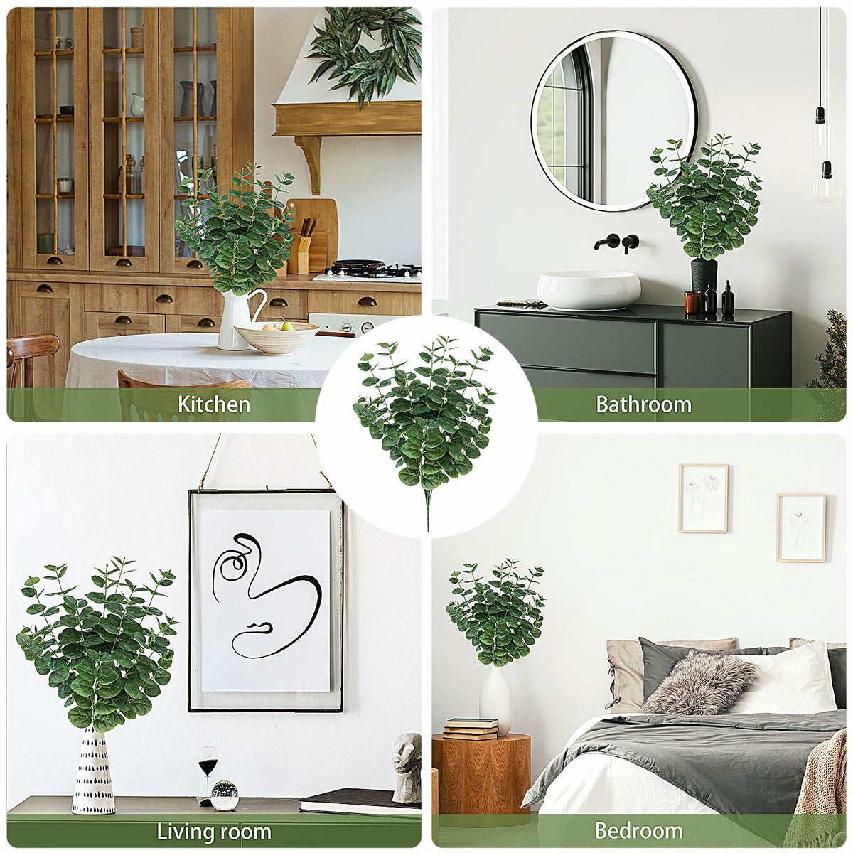 FOREST PRINCE Artificial Eucalyptus Stems 25" Green 2 PCS Silk Decor