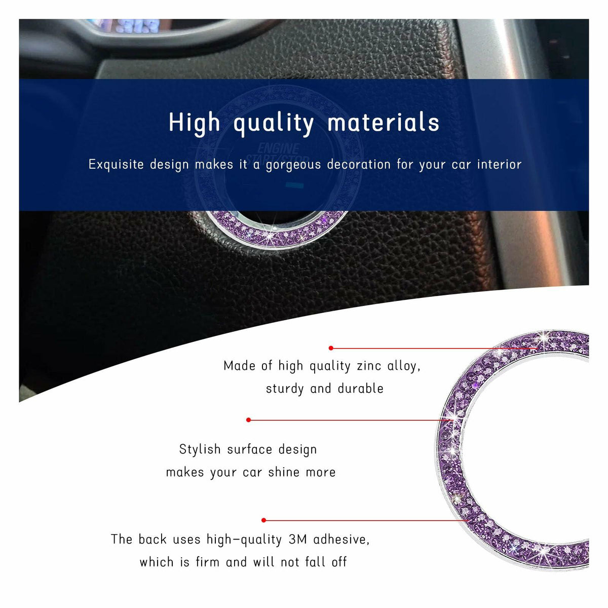 Dickno Bling Crystal Double Rhinestone Car Engine Start Stop Ring Purple 2 PCS