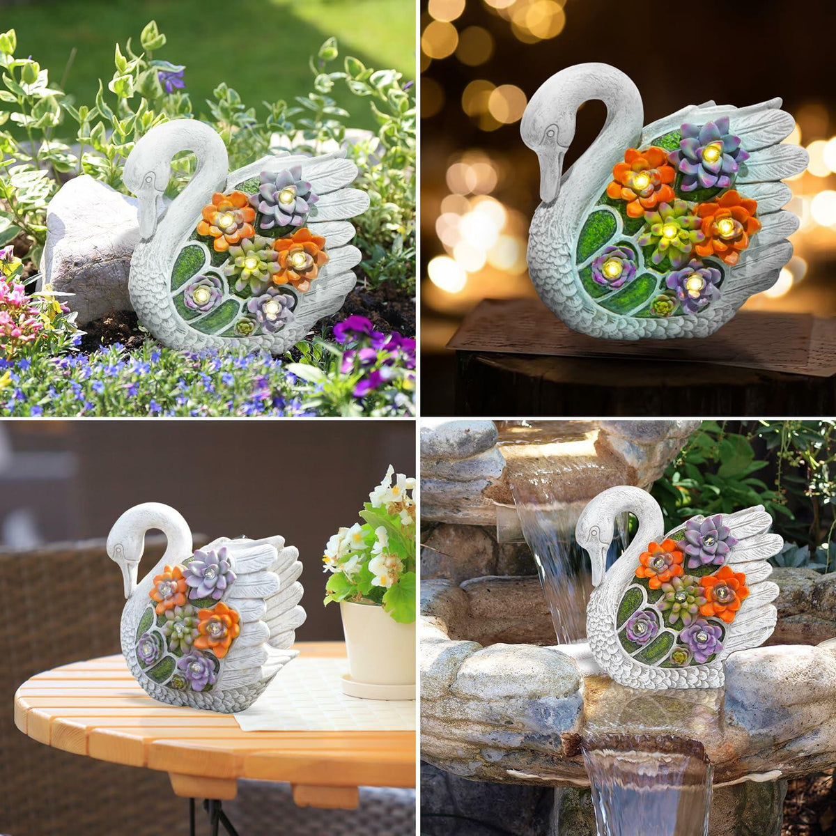 ENOU Solar Garden Swan Statue Outdoor Patio Yard Decor White Metal