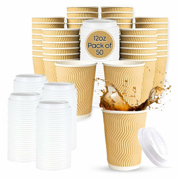 WellMellon 12oz Ripple Wall Disposable Coffee Cups with Lids 50 Count