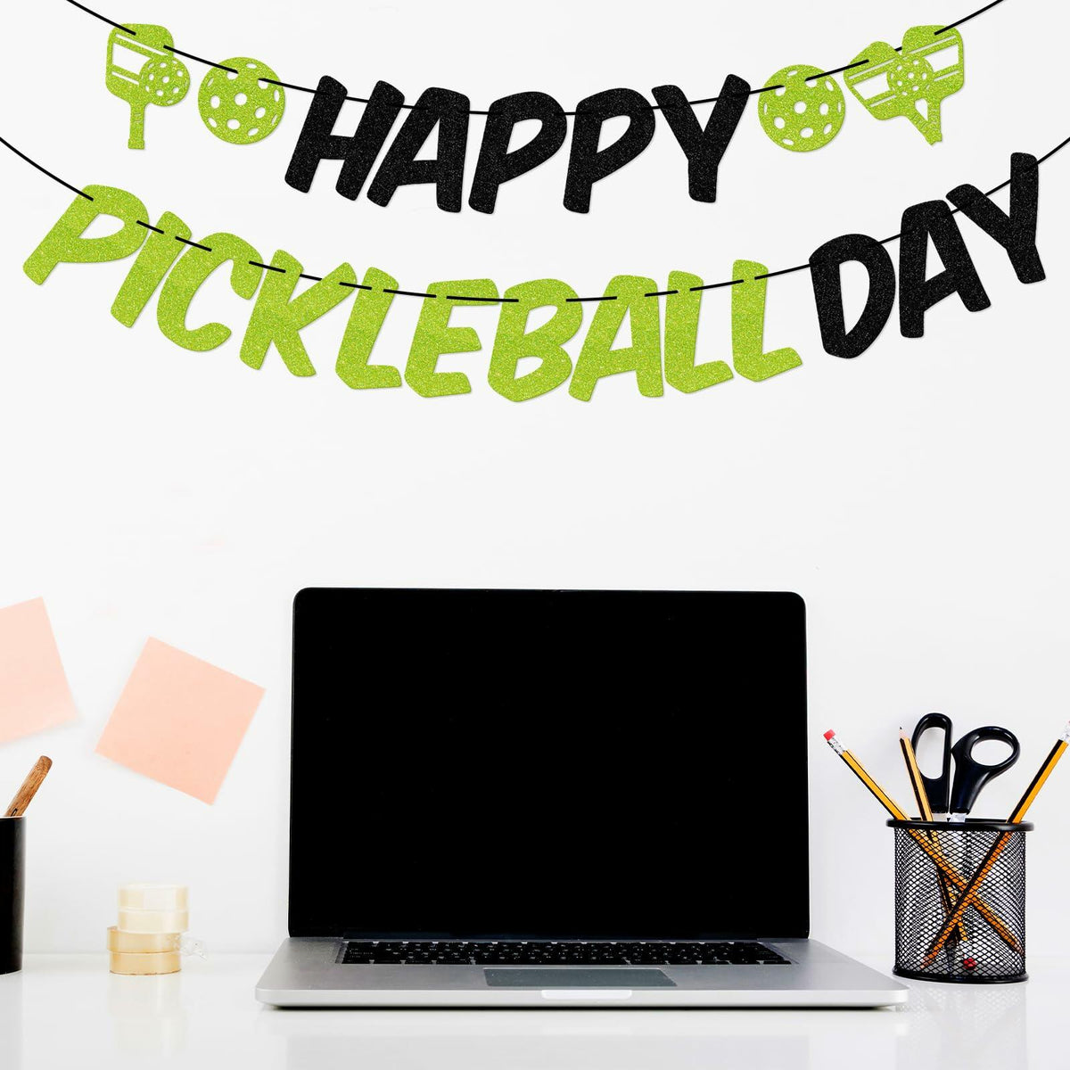 Little Man Happy Pickleball Day Banner Green Black Glitter Cardstock