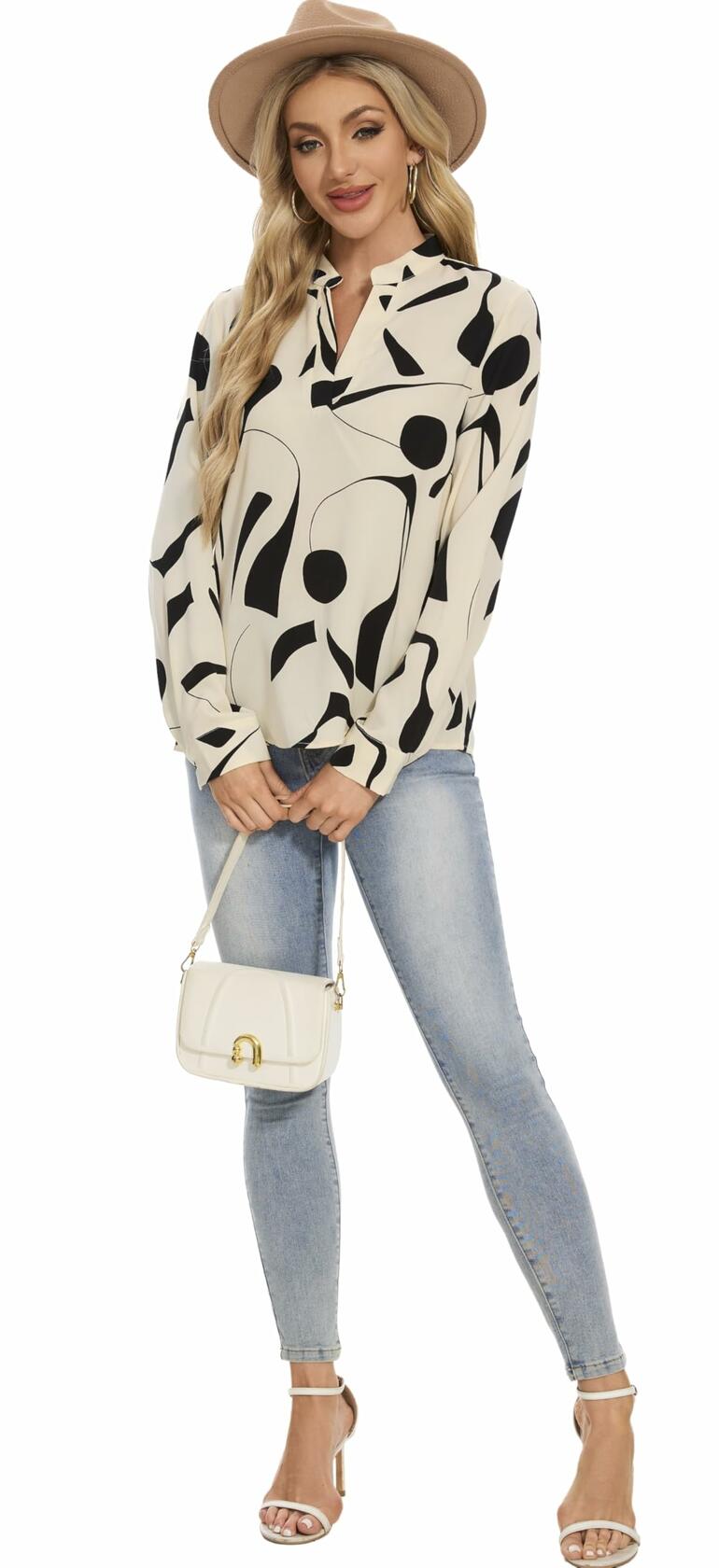 VIPONES Women V Neck Long Puff Sleeve Floral Blouse 530-floral White XL