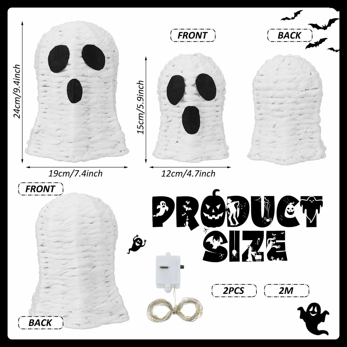 Soulchen Halloween Rattan Ghosts Decor 9.4" & 5.9" Light Up White 2 Pcs
