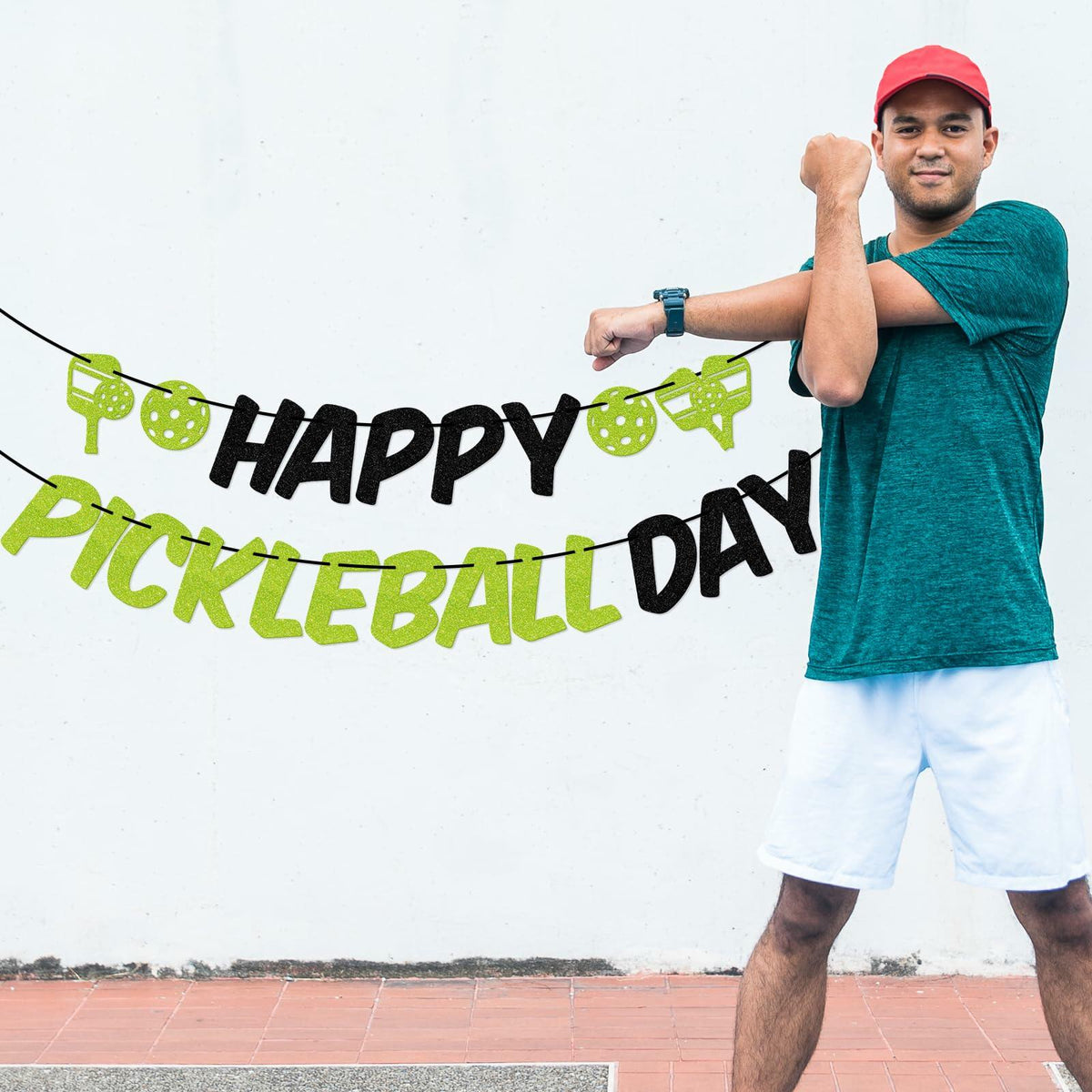 Little Man Happy Pickleball Day Banner Green Black Glitter Cardstock