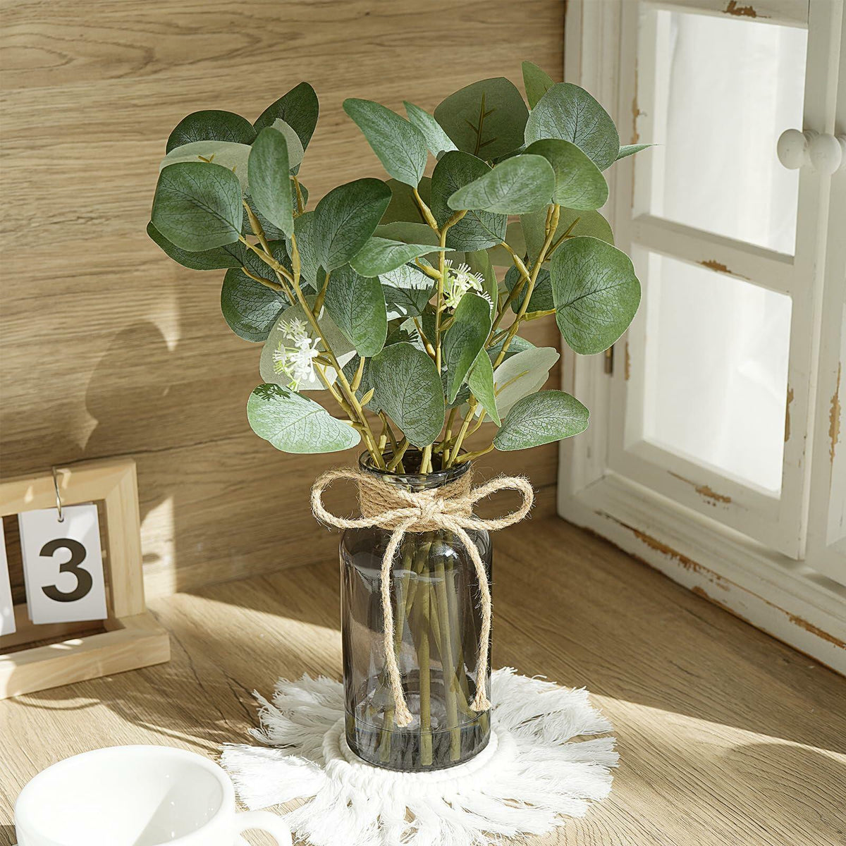 FOREST PRINCE Eucalyptus Stems in Black Vase 15" Green Silk Decor
