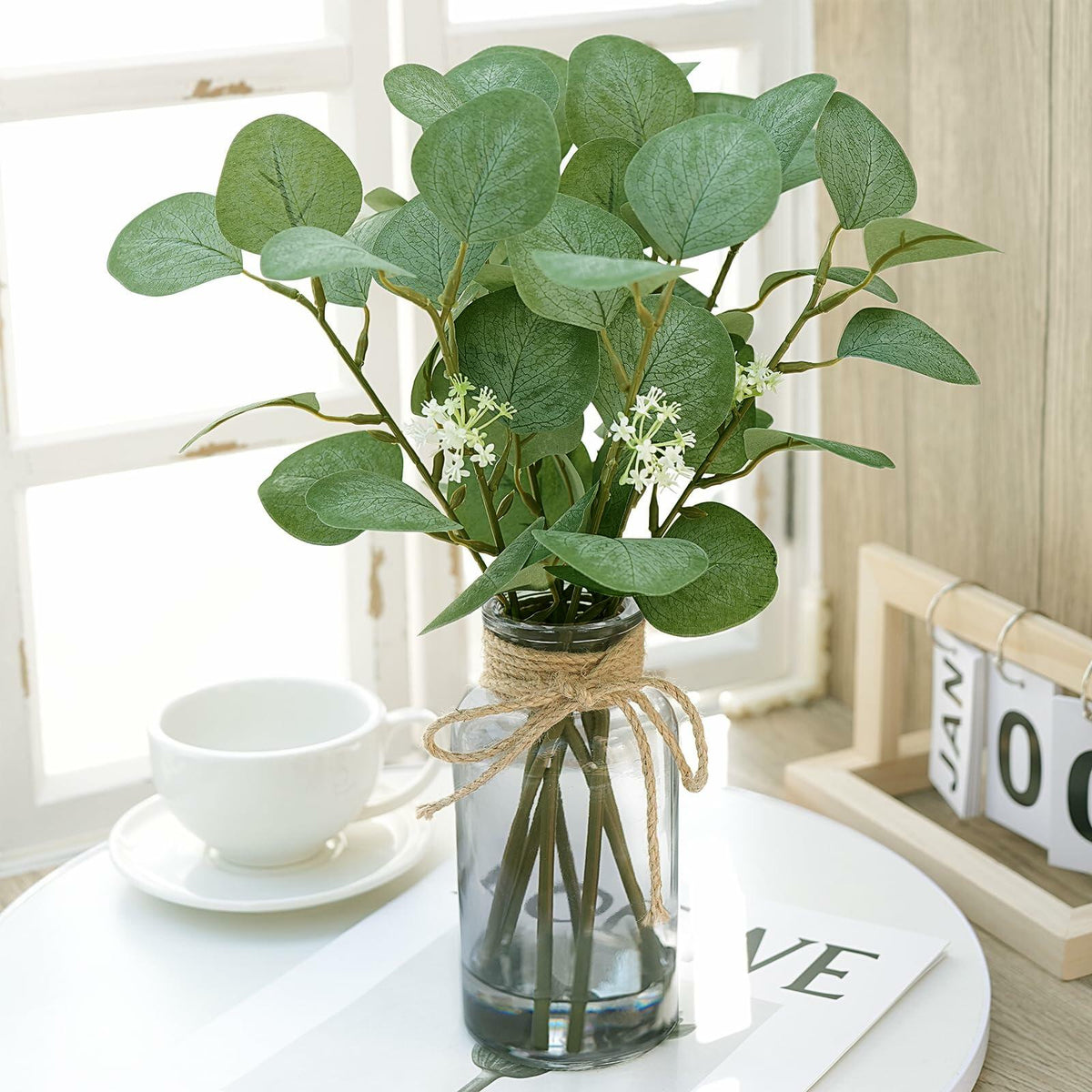 FOREST PRINCE Eucalyptus Stems in Black Vase 15" Green Silk Decor