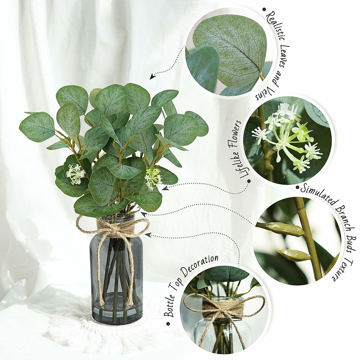FOREST PRINCE Eucalyptus Stems in Black Vase 15" Green Silk Decor