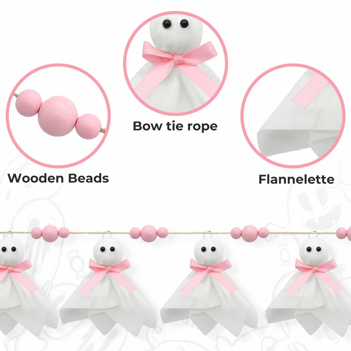 CRAFLOX Pink Halloween Garland Ghost Decor 6.6Ft Wooden Beads Small