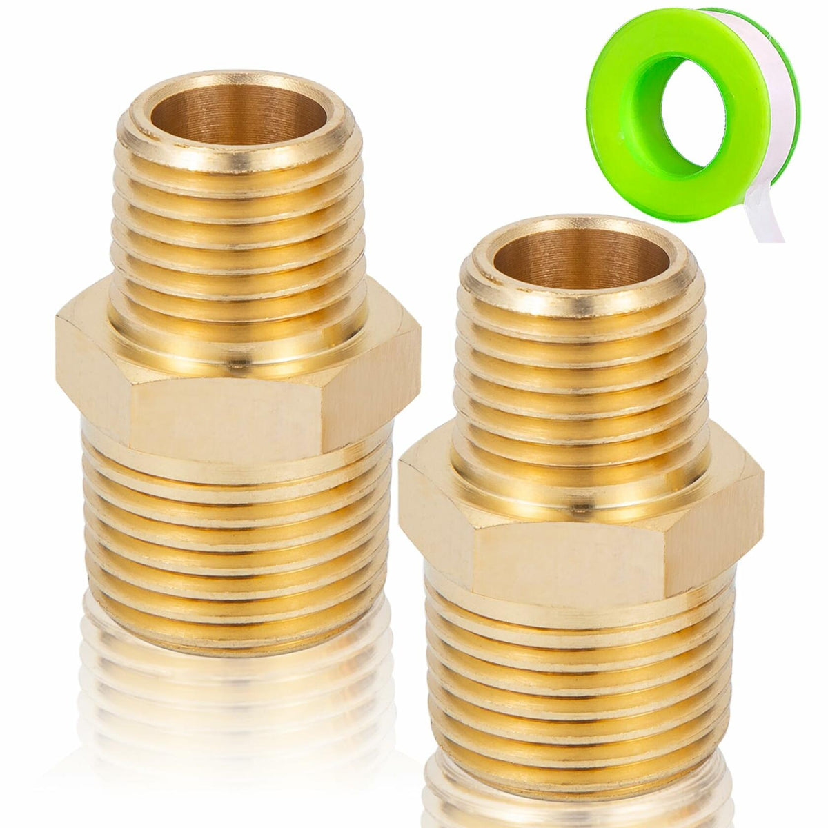 FullMayPro 2pcs Brass Hex Nipple 3/8” NPT to 1/4” NPT Adapter with Teflon Tape