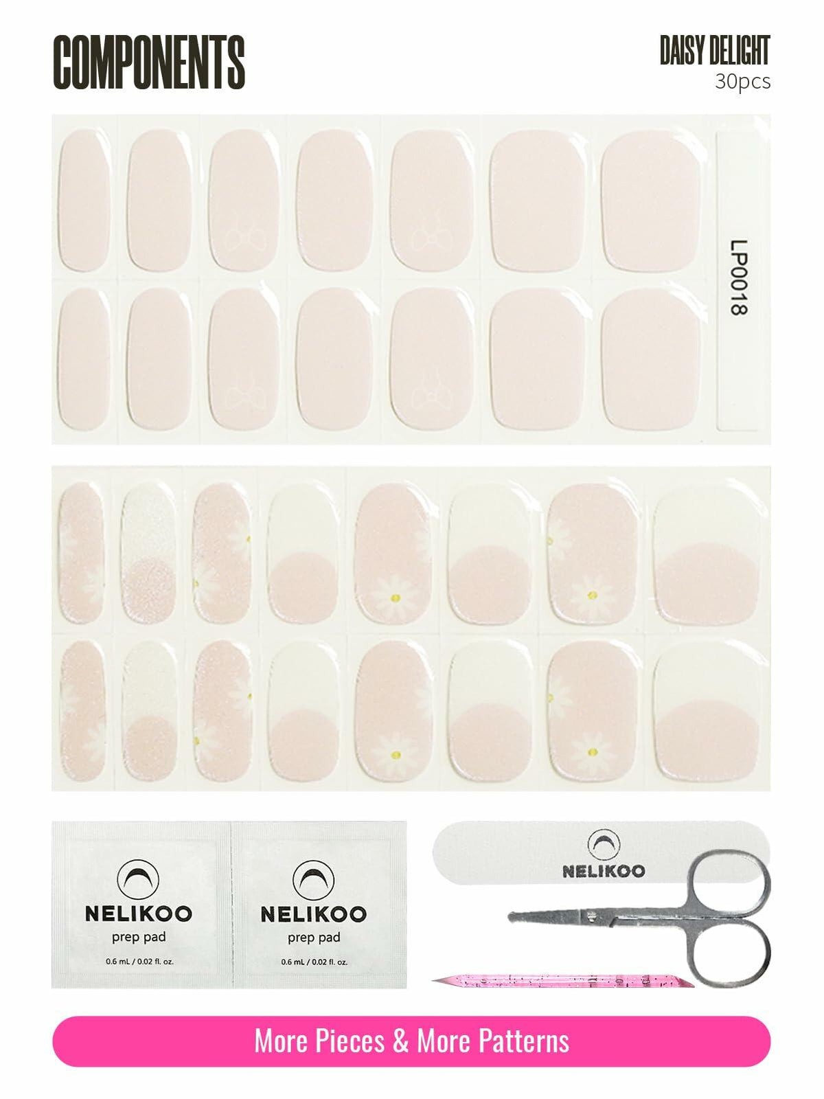 Nelikoo Semi Cured Gel Nail Strips 30 pcs Daisy Delight Floral Wraps