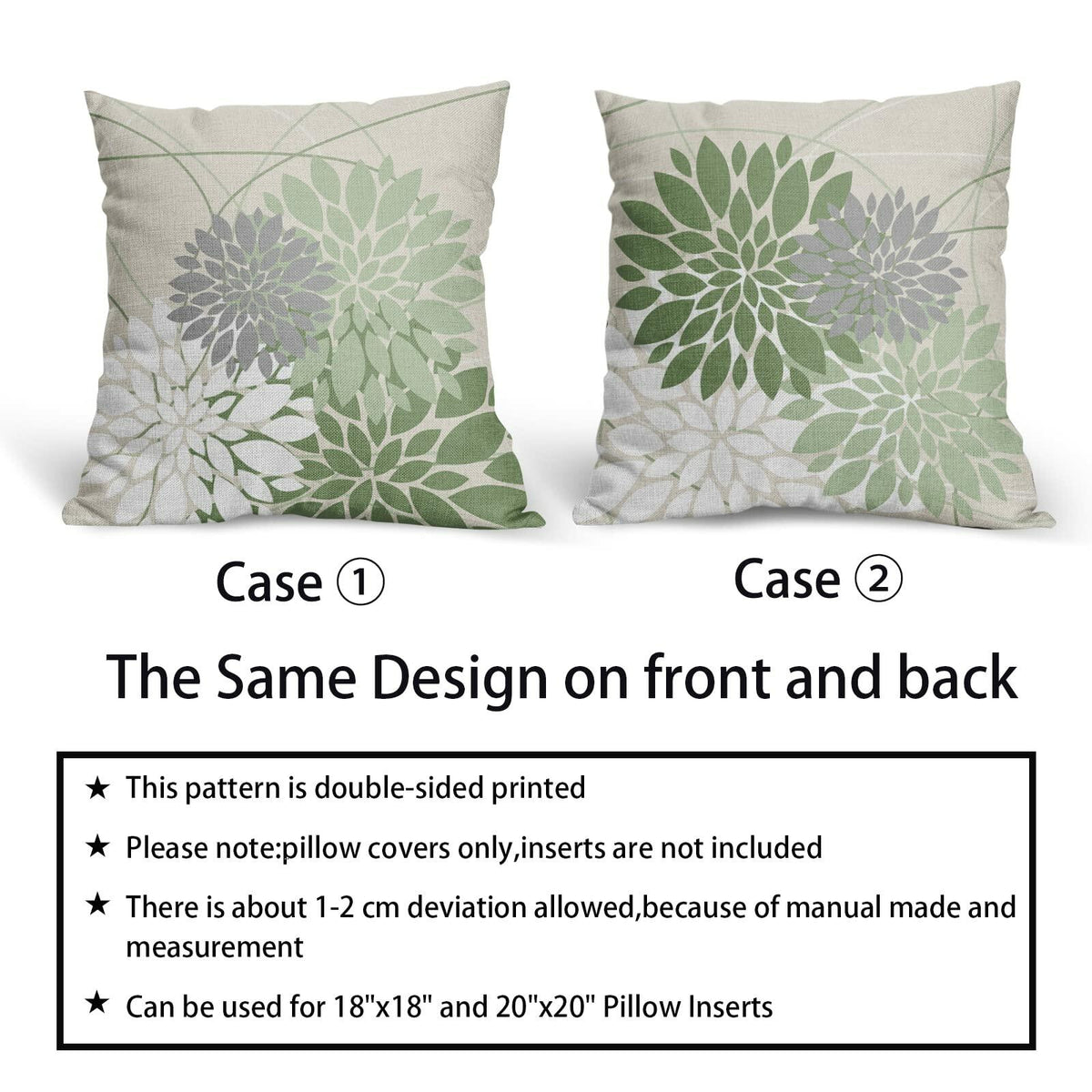 Sweetshow Sage Green Dahlia Linen Pillow Covers 18x18 Inch Set of 2