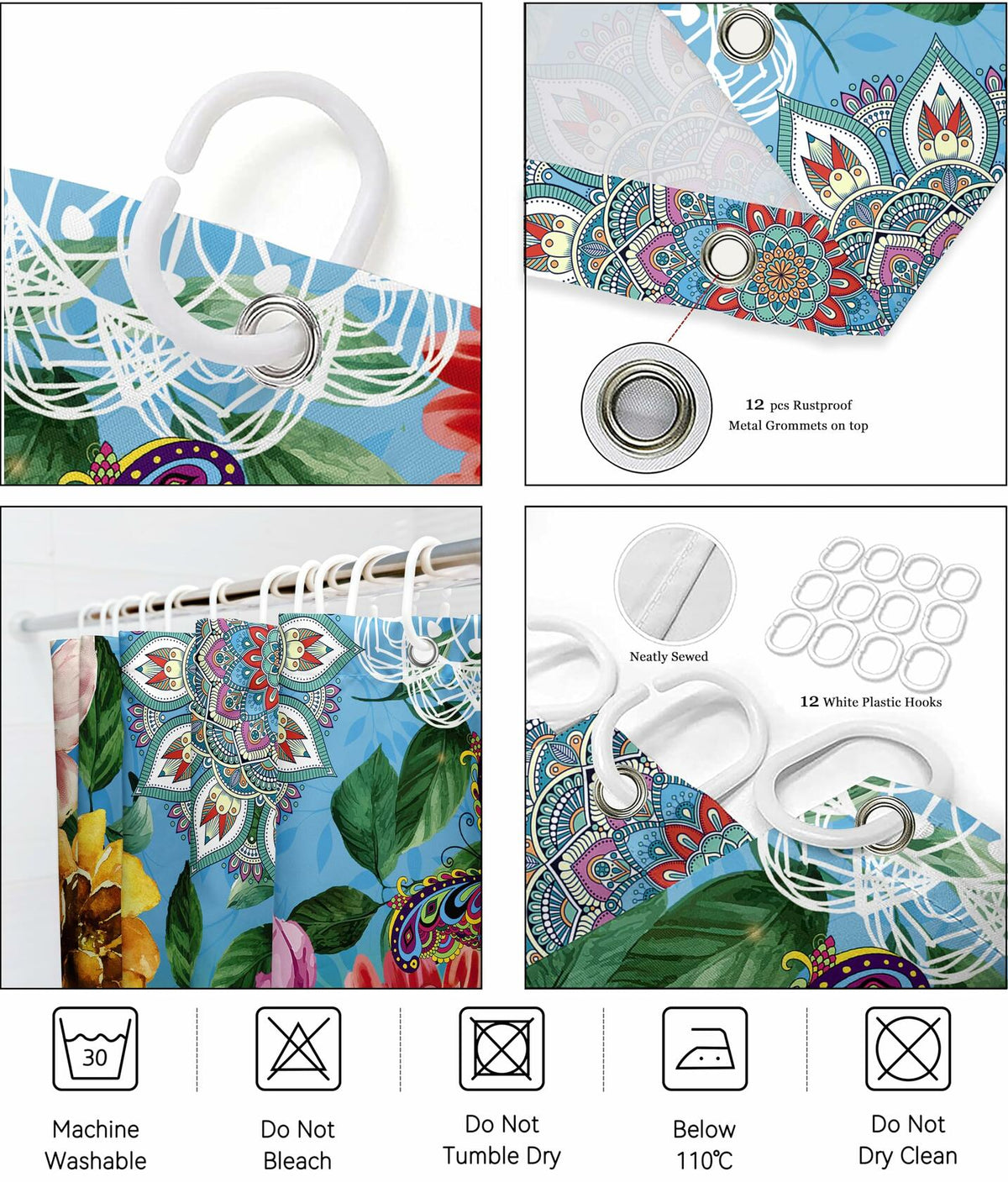 weesire Boho Floral Fabric Shower Curtain Colorful 72x72 Inch