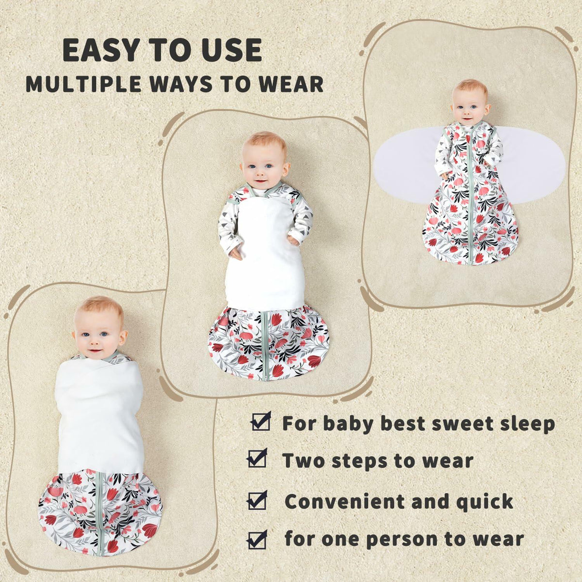 GUNTAIL Baby Sleep Sack Swaddle 3Way Adjustable Rayon Cotton Banana&Flower 6-12M