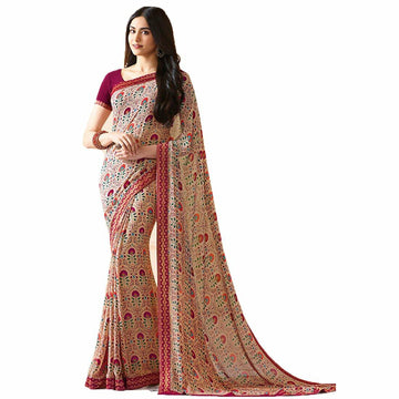 MOHIT CREATIONS Women's Partywear Printed Saree Pink Wool Georgette One Size