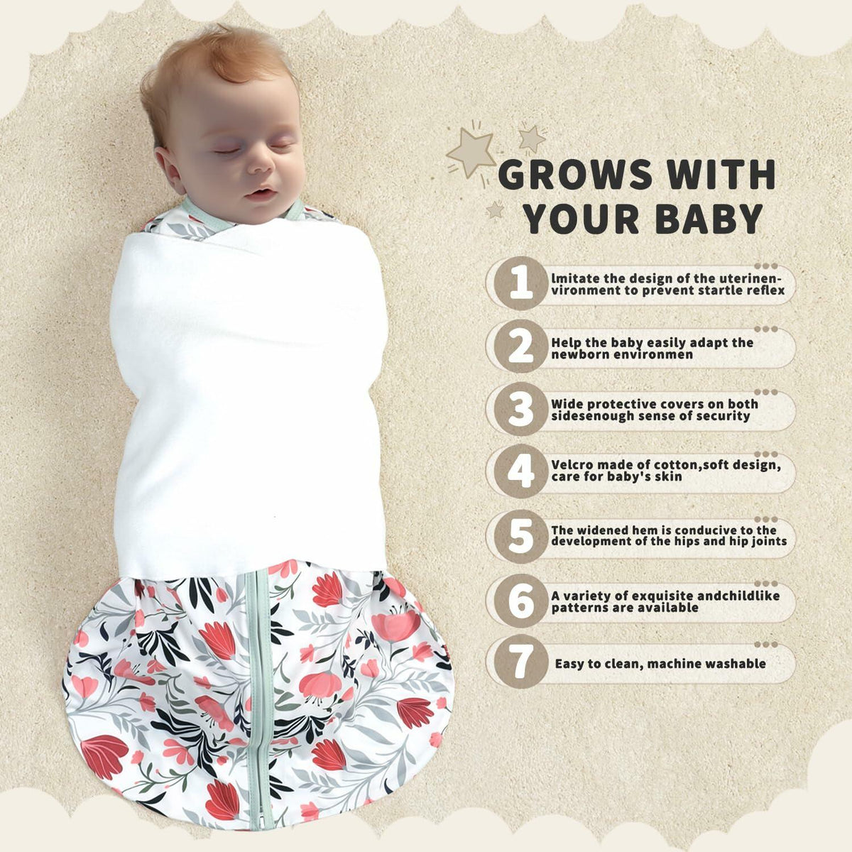 GUNTAIL Baby Sleep Sack Swaddle 3Way Adjustable Rayon Cotton Banana&Flower 6-12M