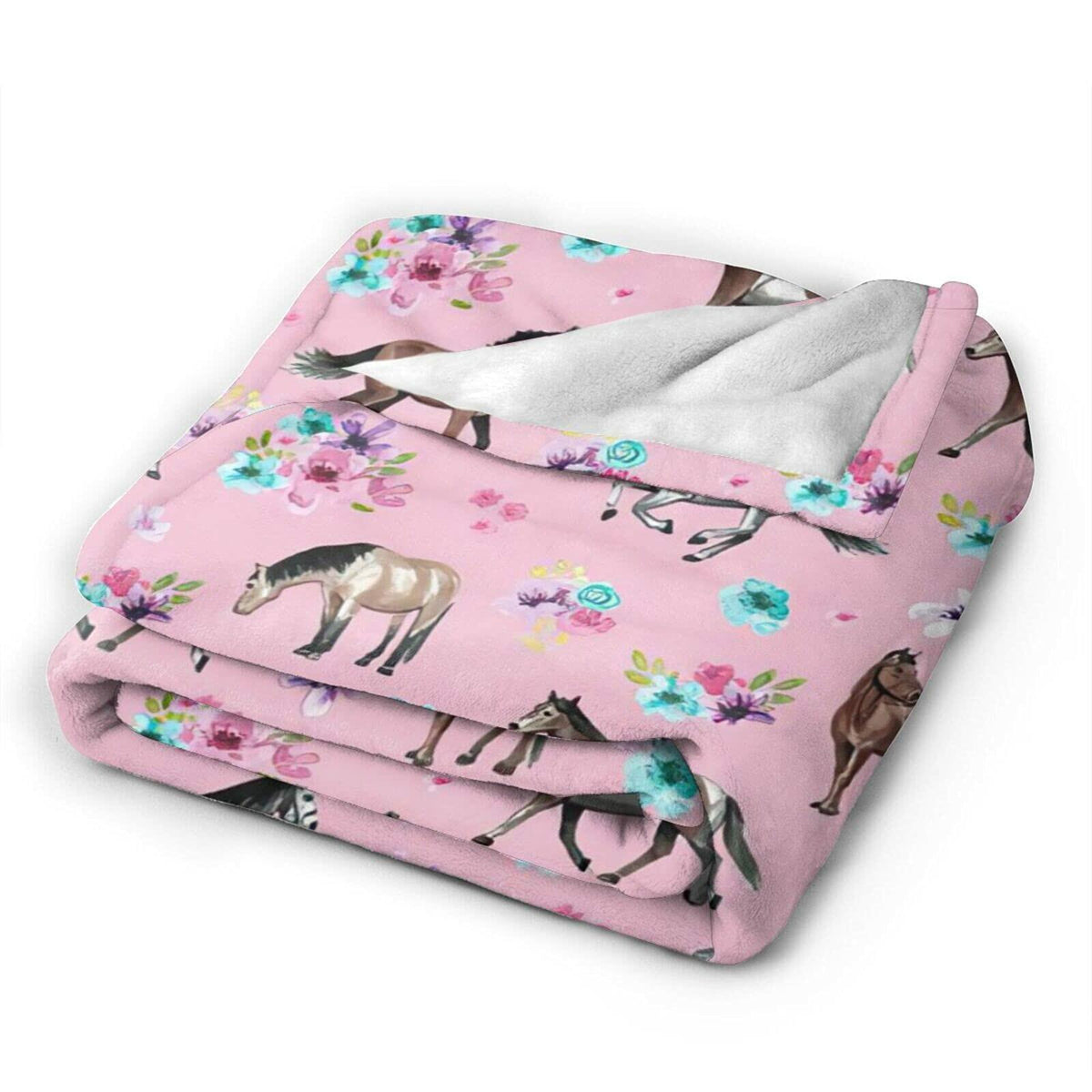 Knsoiv 3D Flannel Plush Throw Blanket Pink Horses Flowers Floral 50x40