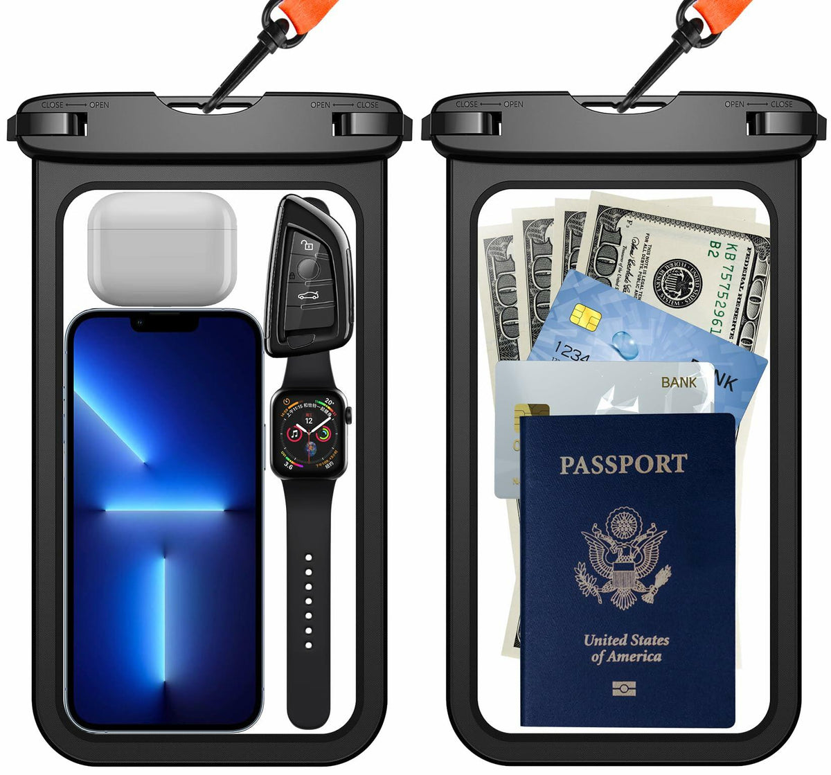 Temdan 2 Pcs Waterproof Phone Pouch IPX8 Up to 10" Large Black with Lanyard