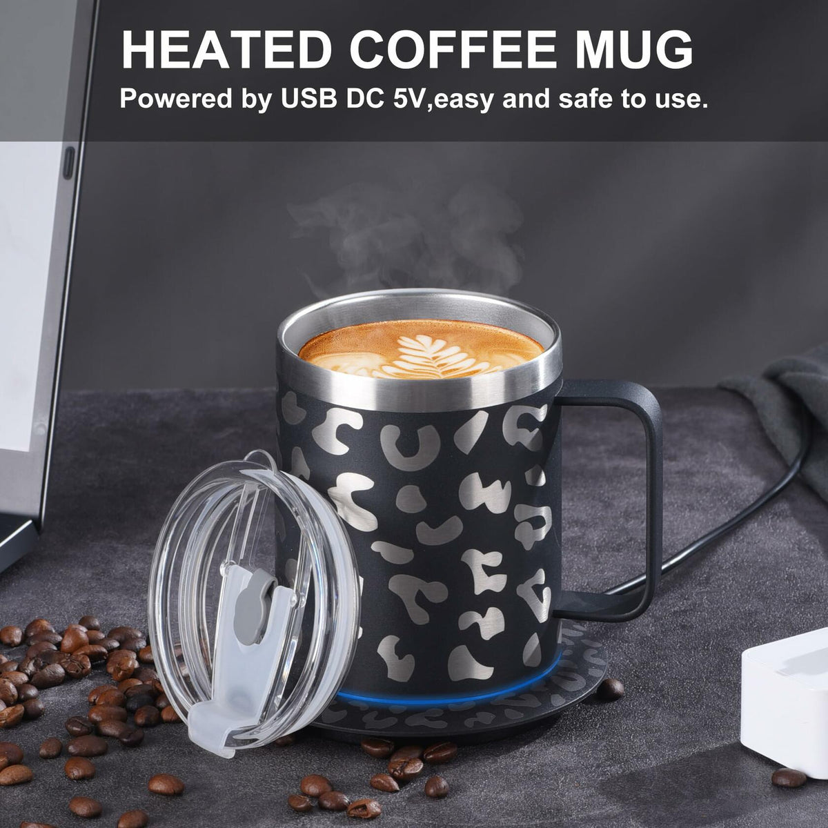 DEQIANG Heated Coffee Mug 12oz USB Powered 304 Stainless Steel Black Leopard