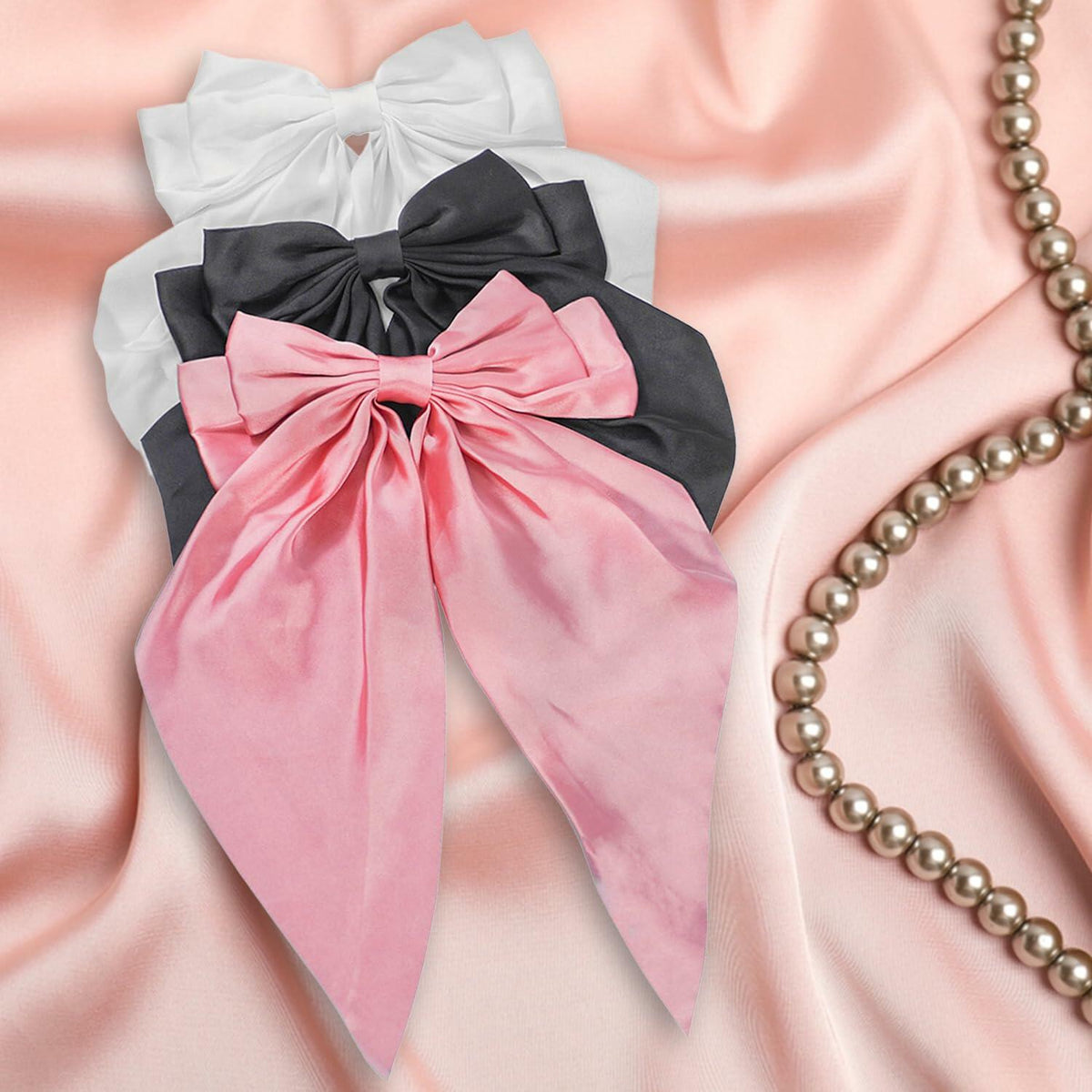 HUFITION Satin Metal Hair Bow Clips 3 PCS Beige Hot Pink Light Pink