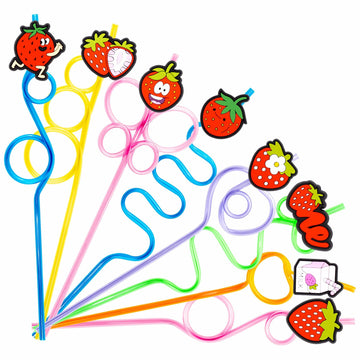 SODWINCO 24 PCS Strawberry Drinking Crazy Straws Kids Party Supplies Red