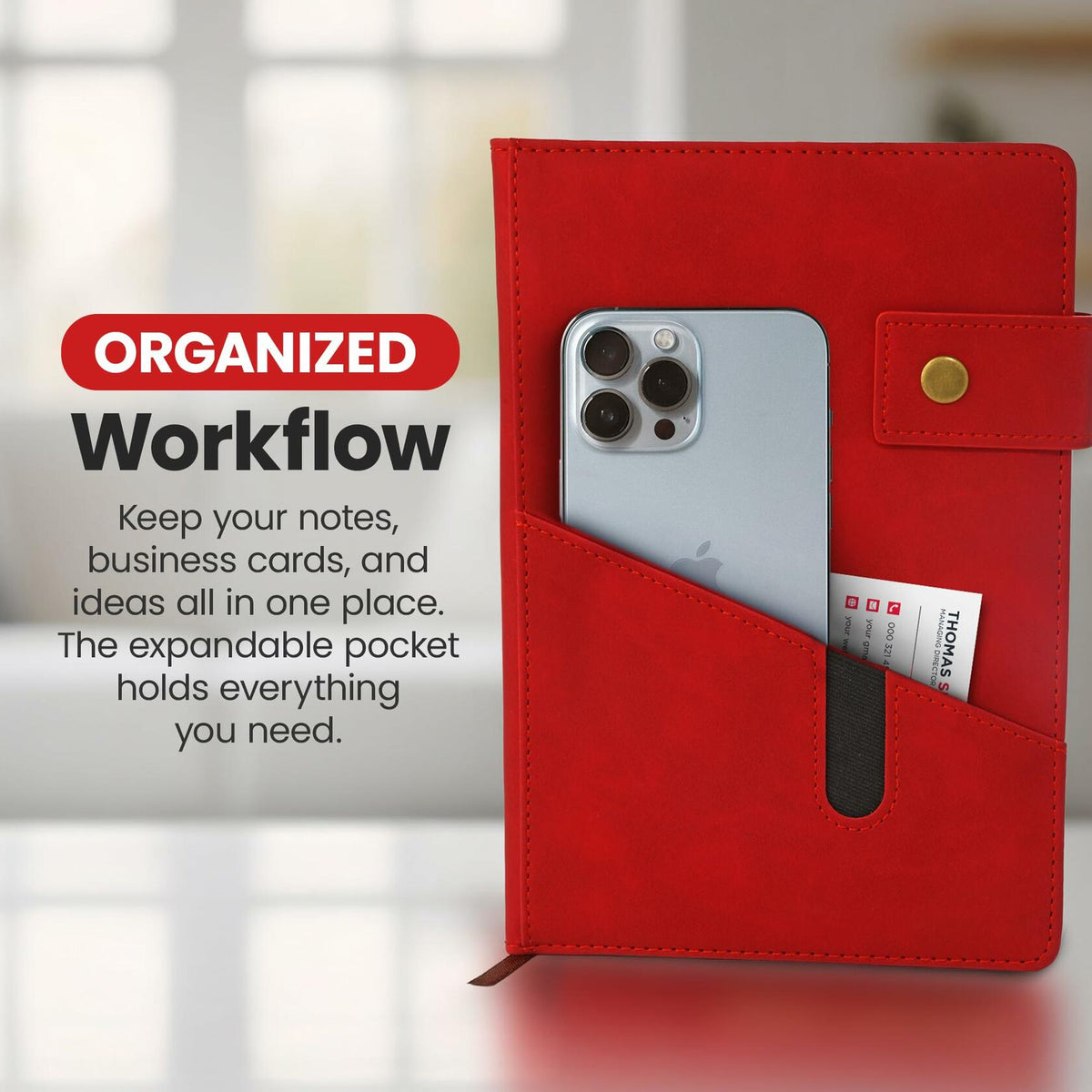 Promot PU Leather A5 Lined Notebook with Pen Red 200 Pages Elastic Pocket