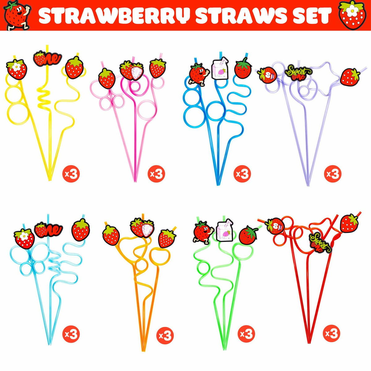 SODWINCO 24 PCS Strawberry Drinking Crazy Straws Kids Party Supplies Red