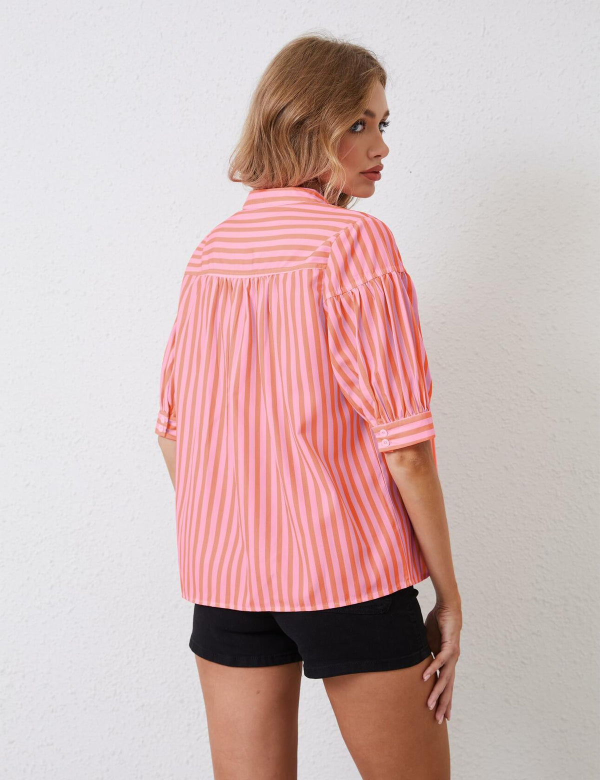 MSBESYOR Women Puff Short Sleeve Striped V Neck Blouse Pink Size S