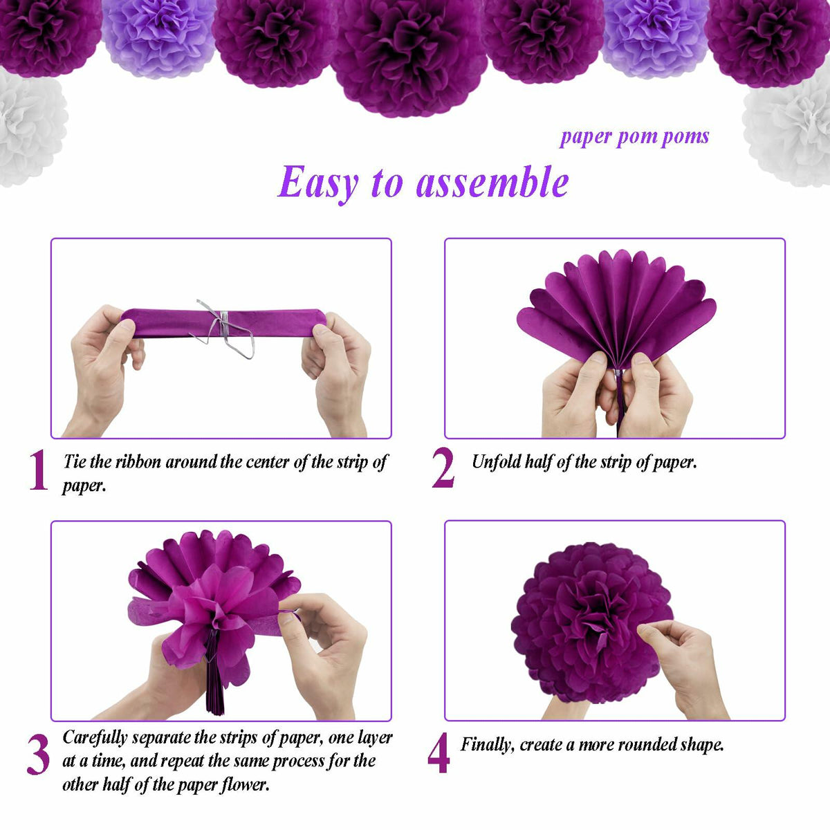 Envibe Purple White Tissue Paper Pom Poms Party Decorations 34 Pcs