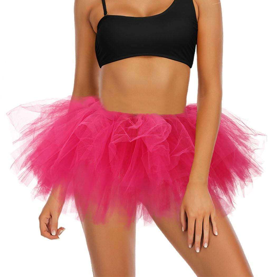 Jewemia Women Tutu Skirt 6 Layered Tulle Elastic Short Hot-Pink Size 40